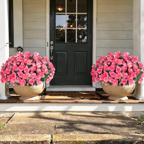 Artificial Faux Flowers Plants for Outdoor Outside Spring Decoration, Fake Silk Pink Camellia UV Resistant Realistic for Planter Pot Porch Patio Balcony Garden Yard Home Decor, 3 Large Bundles - color: Pink 2