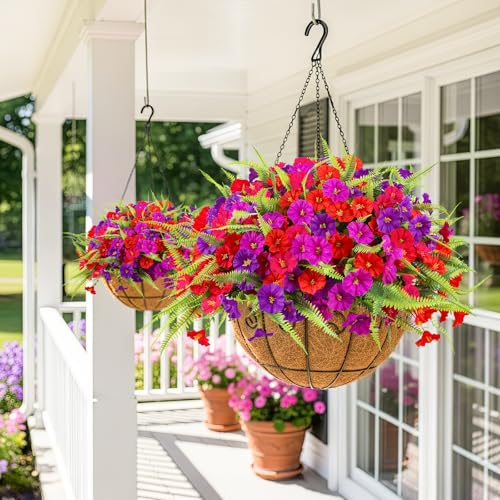 Artificial Flowers for Outdoors 12 Bundles UV Resistant Artificial Petunias Fake Flowers Shrubs Plants with Fern for Indoor Outside Hanging Planters Home Garden Spring Summer Decorations - color: Mixed