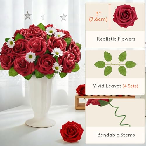 Lifewit Artificial Flowers, 25 Pcs Dark Red Foam Real Looking Roses with Stems, Fake Roses for DIY Wedding Bouquets, Centerpieces Arrangements, Valentine Decorations - color: Dark Red