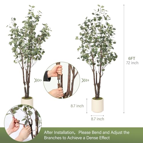 GarveeHome Artificial Eucalyptus Tree, 6 ft Tall Fake Artificial Plant with White Planter，Large Faux Floor Plant Fake Silk Trees Artificial Trees for Home Decor Indoor - size: 6ft