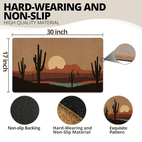 Boho Western Cactus Door Mat, Desert Landcape Welcome Front Door Mat Indoor Outdoor Entrance, Rustic Western Artificial Coir Doormat Rugs for Porch Patio Entry Decor 30x17in - color: Mountain Cactus