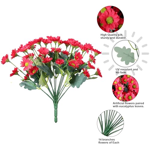 Daisy Artificial Flowers for Outdoors Decoration, 6 Bundles Fake Plants Flowers Bouquet Faux Flowers for Outdoor Planter Look Real UV Resistant Silk Flowers for Outside Front Door Porch Patio, HotPink - color: Hotpink