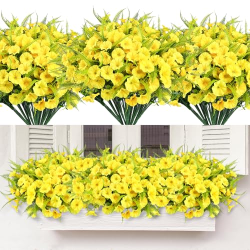 Artificial Flowers for Outdoors 12 Bundles Yellow Artificial Petunias Fake Flowers UV Resistant Shrubs Plants with Fern for Indoor Outside Home Garden Spring Summer Decorations - color: Yellow