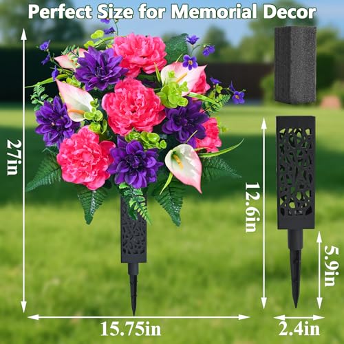 Dolicer Artificial Cemetery Flowers for Grave, Set of 2 Memorial Grave Flowers for Cemetery with Vase Realistic Silk Gravesites UV Resistant Peony Flowers Decorations (Red with Purple) - color: Purple-red
