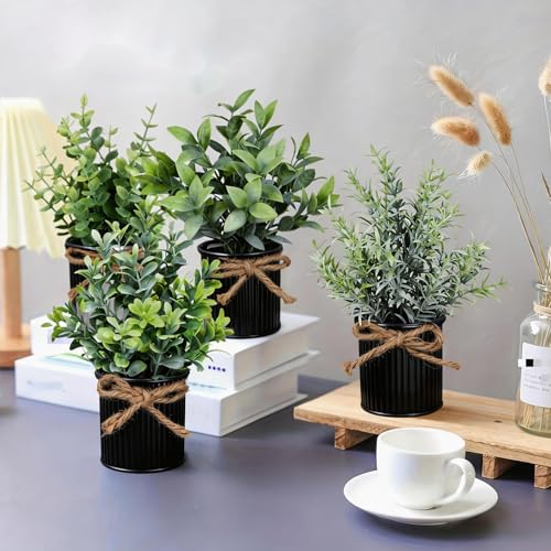 Yoratee 4 Potted Artificial Plants Metal Fake Potted Plant with Iron Pot Mini Greenery Decor Small Faux Plants for Indoor Farmhouse Home Porch Garden Bathroom Room Décor Black - color: Black
