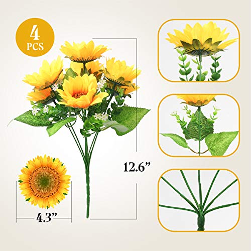 Mocoosy 4 Bunches Artificial Sunflower Bouquets, Fake Sunflowers with Stems, Silk Wildflowers Realistic Yellow Faux Sun Flowers for Wedding Decorations Fall Floral Arrangements Home Garden Table Decor