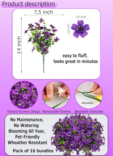 AXYLEX Artificial Flowers for Outdoors, 16 Bundles Fake Plants (Purple) | UV resistant faux plastic flowers, no fade artificial greenery – garden, patio, porch & home - color: Purple