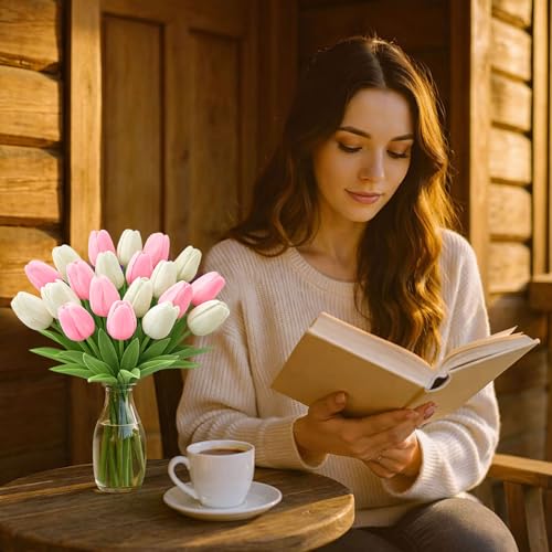 20 Pcs Tulips Artificial Flowers, 13.5'' Real Touch PU Fake Flowers Bouquet for Home Party, Spring Wedding Floral Arrangement, Valentine's, Easter and Mother's Day Decor (Cream,Pink) - color: Cream,pink