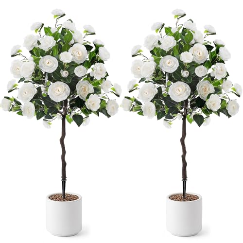 Lunmon 2 Pack 4ft Artificial Camellia Plants Tree Without Vase 48" Faux Camellia Flower with Spike UV Resistant Realistic Fake Floral Blooming Bush for Outdoor Front Door Porch Backyard Garden, White - color: White, size: 4 ft