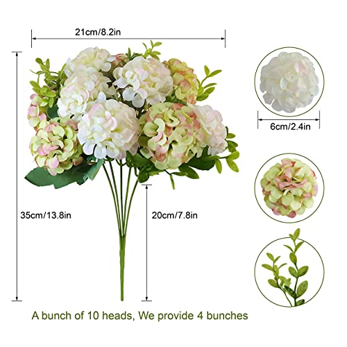 4 Bundles Small Hydrangea Artificial Flowers, Silk Fake Flower Bouquet for Wedding Party Home Decor.(White & Green) - color: White&green