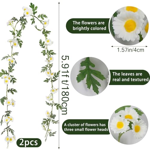 2 Pcs Wildflower Garland Spring Flowers Garland 12 FT White Artificial Daisy Flowers and Leaves Faux Floral Vine for Mantle Baby Shower Wedding Arch Porch Staircase Summer Decor - color: White