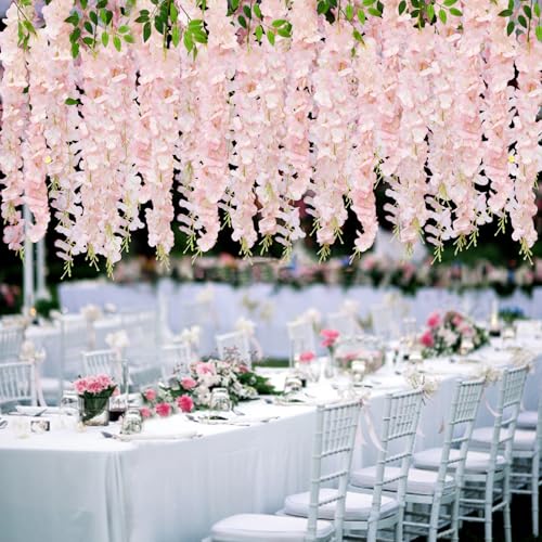 24 PCS Wisteria Hanging Flowers, 3.6ft Fake Wisteria Vines Artificial Wisteria Garland Silk Flower String for Wedding Arch Garden Party Home Ceiling Wall Backdrop Tent Decoration (Light Pink) - color: Light Pink, size: 24 Pack