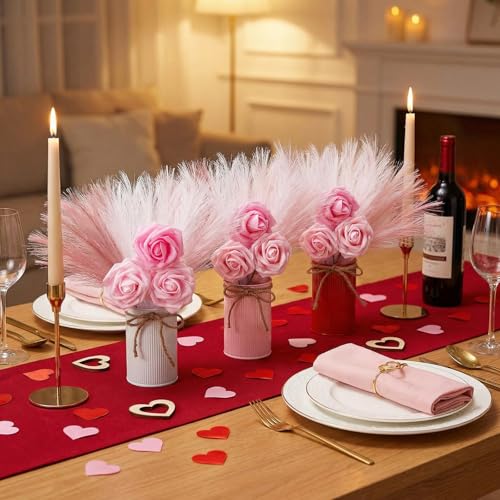 Zeyune 3 Sets Pampas Grass and Rose Table Centerpiece Set, 3 Metal Bud Vases with 18 Pcs Faux Pampas Stems and Roses for Wedding, Bridal Shower, Anniversary Dinner, Home Table Decor - color: 3 Colors, size: Pampas Grass and Rose