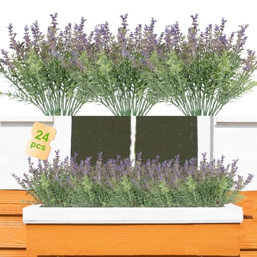 Coreland 24PCS Lifelike Artificial Lavender Flowers, Fake Lavender Plants Shrubs for Wedding Bouquets, Realistic Faux Flowers UV Resistant for Indoor Outdoor Home & Garden Greenery Decor - color: Purple-24pcs