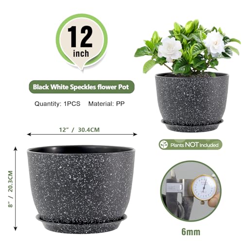 Meowell 12 inch Big Plant Pots, Plastic Planters with Drainage Holes and Trays, Large Flower Pots for Indoor Outdoor Plants, Modern Decorative Pots for Garden House Plants, Speckled Black - color: Speckled Black, size: 12inch C