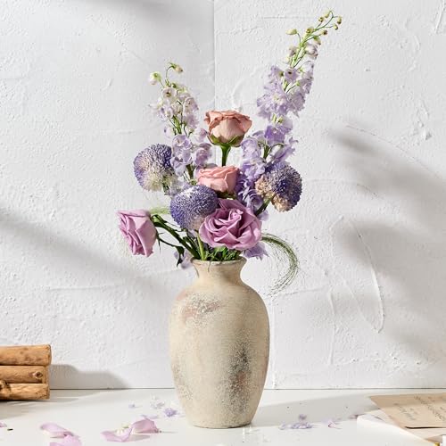 Ceramic Vintage Flower Vase Home Decor, 8.38" Rustic Terracotta, Antique Vase for Table, Living Room, Shelf, Mantel Decoration, Farmhouse- Brown - color: Natural Brown- 8.38"