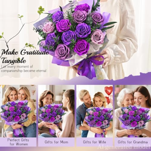 Flower Bouquet 12-Piece Preserved Roses Purple - color: Purple-12, size: 12 Roses