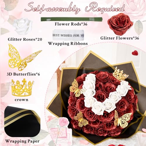 36+20 Glitter Roses Bouquet, DIY Fake Flowers Bouquet, Craft The Initials of Your Loves' Name with Artificial Rose Bouquet for Valentines, Anniversary, Wedding, Red & White - color: Red & White