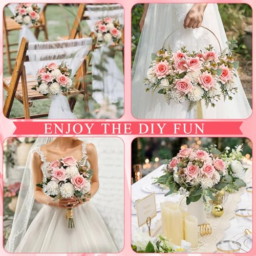 White Pink Artificial Mum Flowers 12 Bundles Silk Chrysanthemum Flowers Fake Roses with Eucalyptus, Realistic Faux Peonies for Vase Arrangement, Home Decor, Wedding Table Centerpiece - color: White Pink