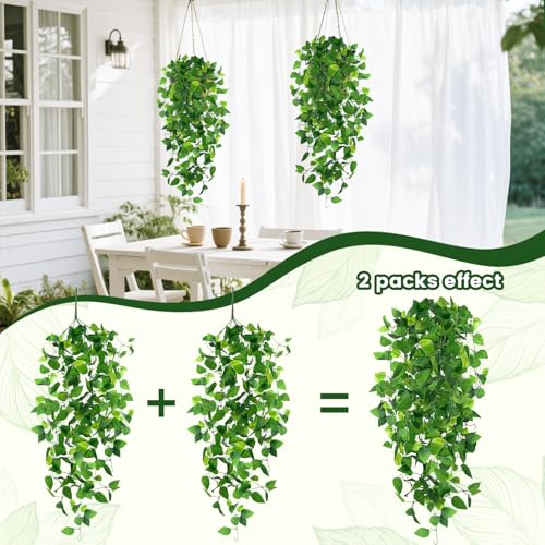 DomeStar 2PCS Fake Vines, Fake Pothos Hanging Plants Ivy Vines, Artificial Greenery for Home Kitchen Wall Decor Aesthetic Home Decor (No Baskets)
