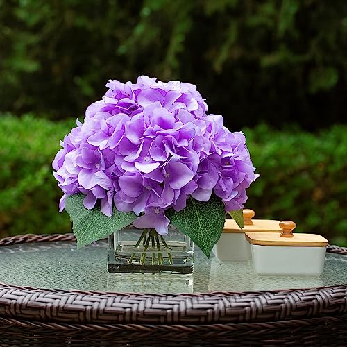 ENOVA FLORAL Silk Hydrangea Artificial Flowers in Vase with Faux Water, Silk Flower Arrangements in Vase for Home Decor, Wedding Table (Purple) - color: Purple