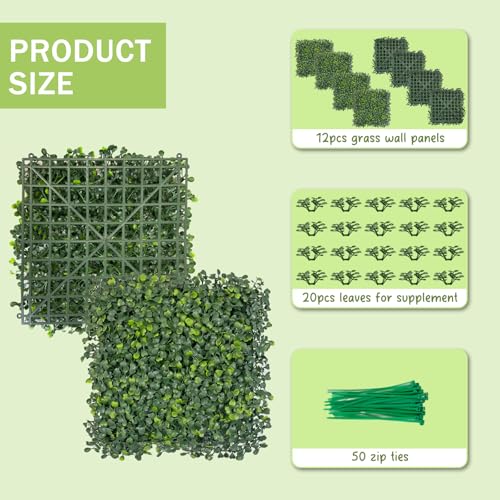 Grass Wall Panels 12 PCS 20"x 20" Artificial Boxwood Panels with 50 Zip Ties, Fake Greenery Backdrop Wall Grass Backdrop Artificial Plant Walls for Outdoor Indoor Garden Fence Backyard and Decor - size: 20x20Inch 12PCS