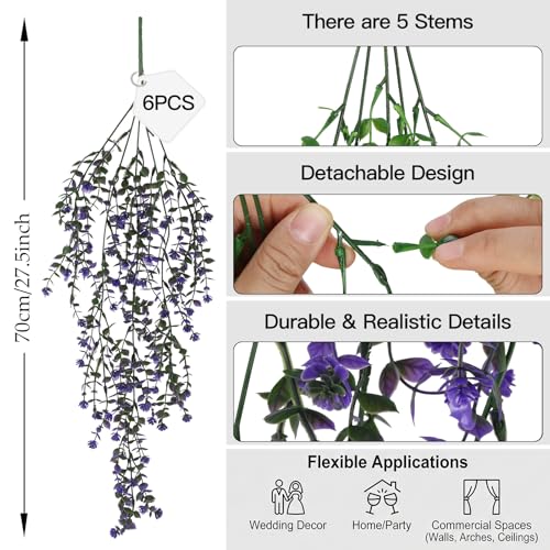 Artificial Hanging Flowers 6 PCs Purple Faux Hanging Vines Plants UV Resistant Fake Eucalyptus Ferns Plants for Outdoors Wall Home Porch Patio Garden Front Porch Summer Decor(Purple) - color: Purple