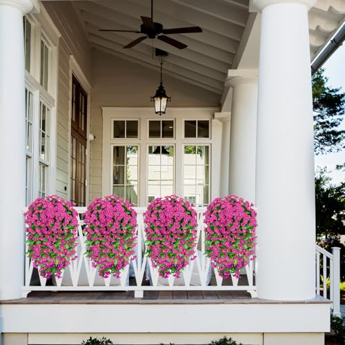 Artificial Hanging Flowers for Outdoors, 2 Pack Fuchsia Silk Morning Glory Fake Flowers UV Resistant Faux Petunias Hanging Artificial Plants Trailing Vines for Porch Garden Spring Summer Planter Decor - color: Fuchsia