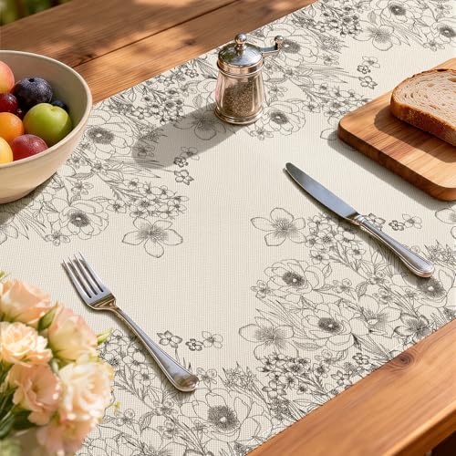Larponder Summer Colorful Flowers Table Runner, 13x72 Inch | Table Decoration for Spring Seasonal Anniversary Holiday Kitchen Dinning Table Home Party Decor - color: Sketch Flowers-1, size: 13" x 72" (Rectangular)