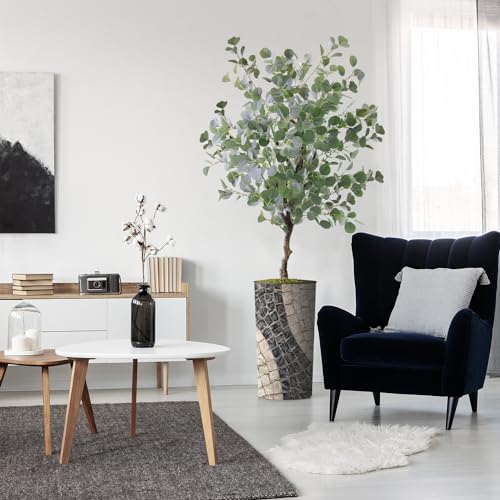 Artificial Tree in Geometric Pattern Planter, Fake Eucalyptus Silk Tree for Indoor and Outdoor Home Decoration - 66" Overall Tall (Plant Pot Plus Tree) - style: Eucalyptus Tree