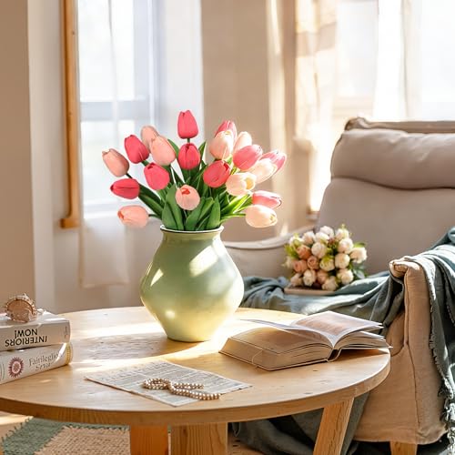 20Pcs Magenta and Light Pink Tulips Artificial Flowers Real Touch Faux Tulips PU Fake Flowers for Home Decor - Easter Spring Table Arrangement in Vase (Bedroom, Living Room, Kitchen) - color: Magenta/Light Pink-20