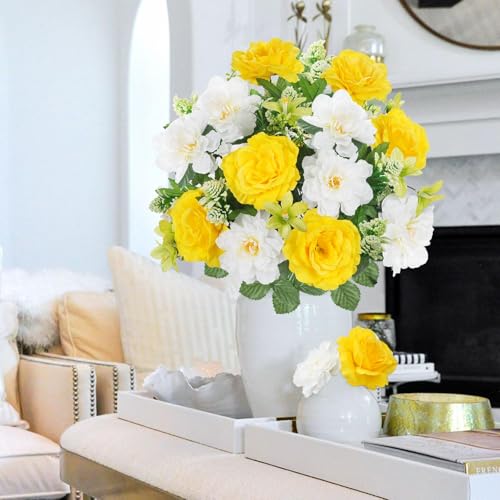 Spring Cemetery Flowers for Grave 2 Bundles Yellow White Rose Lily Bouquets 18.5" Fake Silk Flower Arrangements for Outdoors Summer Home Kitchen Wedding Table Centerpieces Decor - color: Yellow White-2pcs