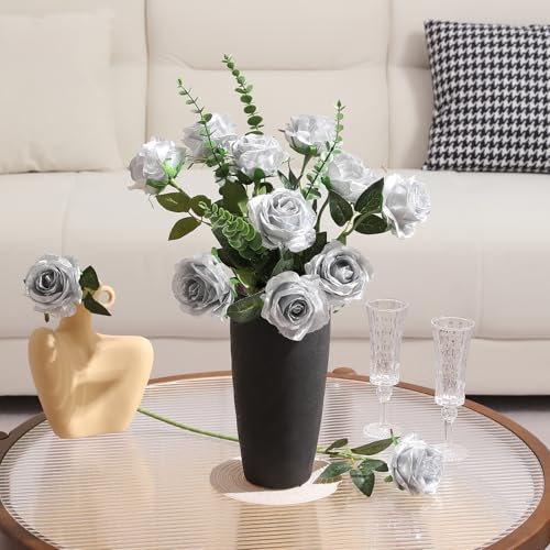 Tifuly Silver Roses Artificial Flowers -12Pcs Realistic Single Long Stem Fake Silk Roses Bouquet for Party Home Wedding Centerpiece Hotel Office Decor - color: Silver