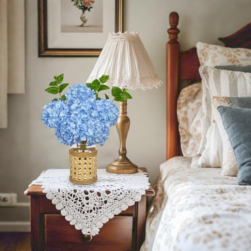 Hollyone Blue Hydrangea Artificial Flowers in Woven Glass Vase with Faux Water Silk Hydrangeas Fake Flowers Floral Arrangement for Home Indoor Bathroom Kitchen Office Table Centerpiece Shelf Decor - color: Blue-woven Vase