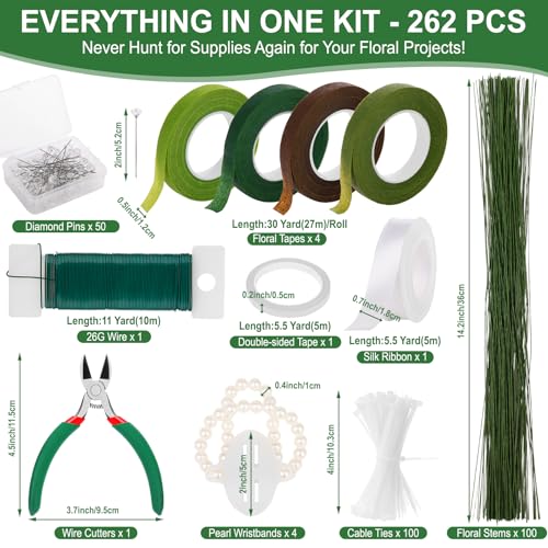 MAPVOLUT 262-Piece Floral Tape & Wire Kit - Professional Florist Supplies for Bouquets, Corsages, Wreath Making | Includes Green Floral Tape, Florist Wire for Wedding DIY, Mother's Day Bouquet