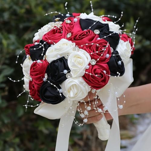 Ujicde Romantic Wedding Bouquet Bridal Bridesmaid Round Bling Brooch Bouquet Throw Toss Artificial Rose Flower Bunch with Sparkle Rhinestone Crystal Decoration(Red Black+Ivory,Dia. 6.3"*16cm) - color: Red Black+ivory, size: Dia. 6.3"*16cm