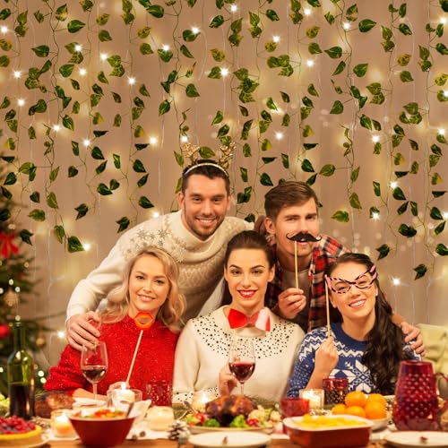 CEWOR 14 Pack 98ft Fake Ivy Vines, Artificial Ivy Garland with 100 LED String Lights, Hanging Plants Greenery Backdrop Green Leaves for Bedroom Room Wall Decor Wedding Party Table Decoration - size: E-14pcs of Vines with 100 LED lights