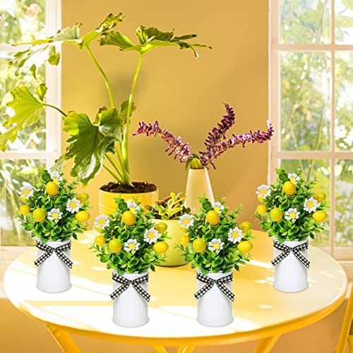 4 Pack Lemon Mason Jar Table Centerpiece, Artificial Lemon Home Centerpieces Fake Lemon Daisy Plants with Faux Leaves for Summer Wedding Farmhouse Office Kitchen Bathroom Dining Table Centerpiece