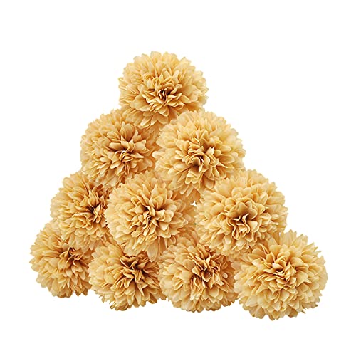 10Pcs Artificial Fake Flower Plants Silk Chrysanthemum Ball Hydrangea Arrangements Wedding Bouquets Decor Home Kitchen Garden Party Table Floral Centerpieces DIY (Beige) - color: Beige