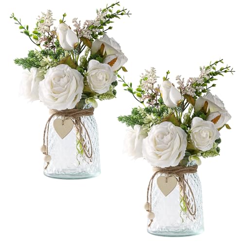 2 Packs Faux Flowers in vase,Fake Flowers with Vase, Artificial Silk Roses in Vase, Artificial Flowers in Vase, Faux Flower Arrangement with Vase for Farmhouse (White with vase)