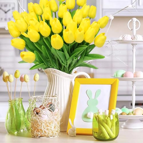 28pcs Yellow Flowers Artificial Tulip Stems Real Feel PU Tulips for Easter Spring Wreath Wedding Bouquet Centerpiece Floral Arrangement Cemetery Table Décor 13" Tall - color: Yellow