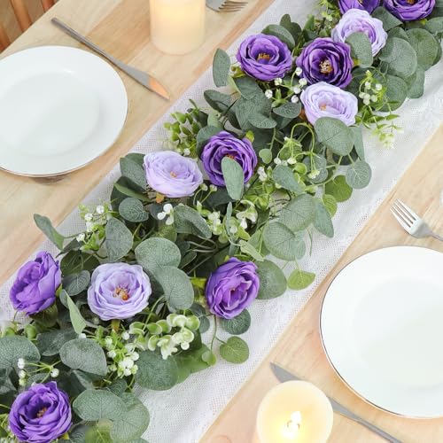 TOCHGREEN 4 Pack Artificial Eucalyptus Flower Garland with Purple Roses, Fake Rose Flower Greenery Garland Floral Vines for Wedding Home Party Table Runner Decor (Purple, 4PCS) - color: Purple, size: 4PCS