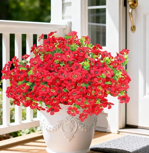 Artificial Outdoor Flowers 16 Bundles UV Resistant Fake Mums Flowers Plants for Decoration Indoor Outdoor Window Box Hanging Planter Home Porch Decor Plastic Faux Flowers (Red) - color: Red