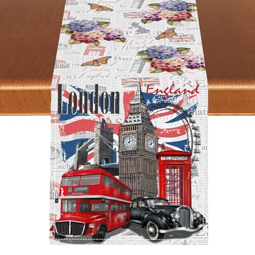 British Table Runner, Seasonal Vintage Floral England London Culture Element Coffee Table Center Decor for Home Kitchen Dining Patio Holiday Party Table Decorations 13x36 inches - color: Tr-england02, size: 13x36" Table Runner