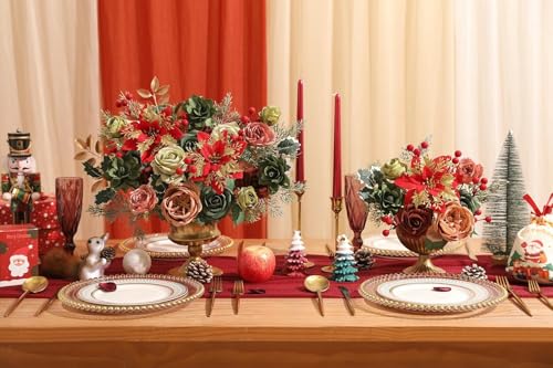 Artificial Christmas Flowers Set with Poinsettia, Fake Roses, Greenery Leaves & Stems for DIY Christmas Decor - Wreath, Tree Ornaments, Wedding Bouquets, Centerpieces, Home Floral Arrangement - color: Christmas Red