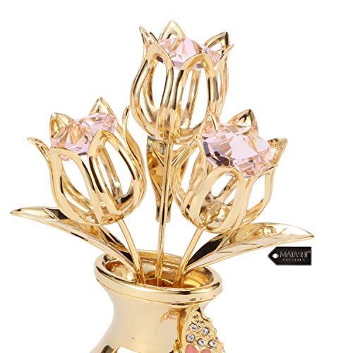 Matashi Crystal Studded 24K Gold Plated Flower Ornament with Pink Crystals and Butterfly Vase – Elegant Tabletop Accent for Living Room – Keepsake Gift for Women, Mom, Wife, Grandma, Birthday - color: Pink Crystal