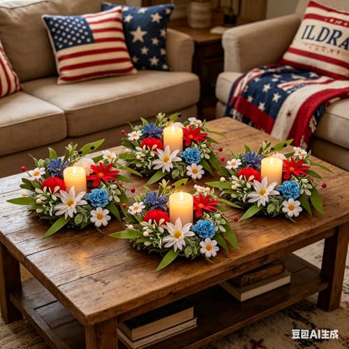 6 Pcs Small 4th of July Hanging Wreaths for Cabinets with Red Carnations Daisy Blooms Artificial Mini Independence Day Candle Ring Wreath with White Chrysanthemums for Front Door Window Porch Wall - color: Patriotic-10