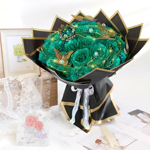 Dark Green Glitter Roses Bouquet, 36 Pcs Shiny Glitter Flowers Bouquet, Everlasting DIY Artificial Roses Bouquet for Christmas, Birthday, Anniversary, Wedding, Engagement - color: Dark Green-a, size: 36 PCS