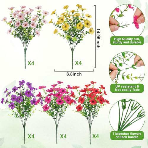 20 Bundles Artificial Flowers for Outdoors Decoration Fake Silk Flowers UV Resistant Faux Plants Artificial Daisy Eucalyptus for Spring Summer Garden Yard Porch Window Home Decor, Mix Colors - color: Multi Color