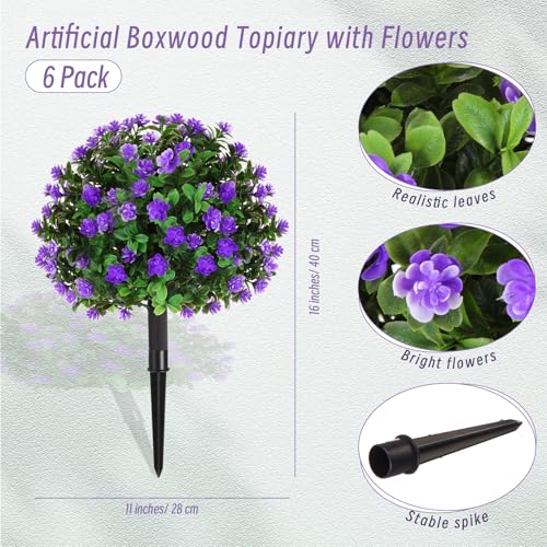 Yunlly Set of 6 Artificial Boxwood Topiary Ball Tree 16 Inch Outdoor Topiary Tree with Flower Fake Bushes, UV Resistance Faux Shrubs Evergreen Plant with Spike for Front Porch Indoor Decor (Purple) - color: Purple